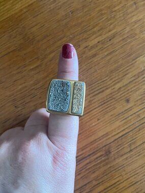 Marcia Moran Gold Rectangular Double Druzy Cocktail Ring — Silver & Gold Sparkle